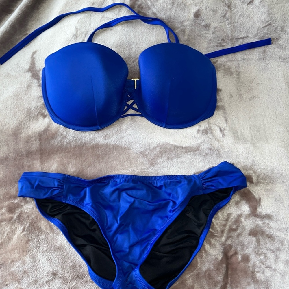 Victoria’s Secret Swim Royal Blue Criss Cross Knockout Bikini Size 34DD/Size L
